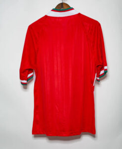 Red sports jersey hanging on a hanger, back view, with Italian flag colors at the collar and sleeve cuffs.