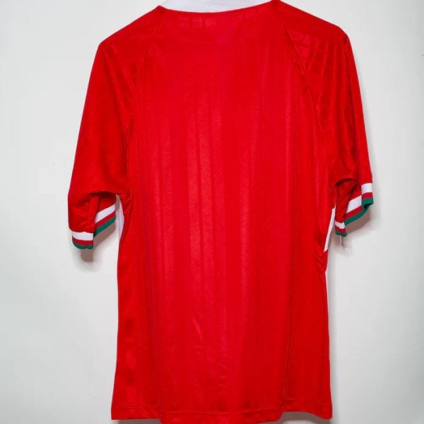 Red sports jersey hanging on a hanger, back view, with Italian flag colors at the collar and sleeve cuffs.