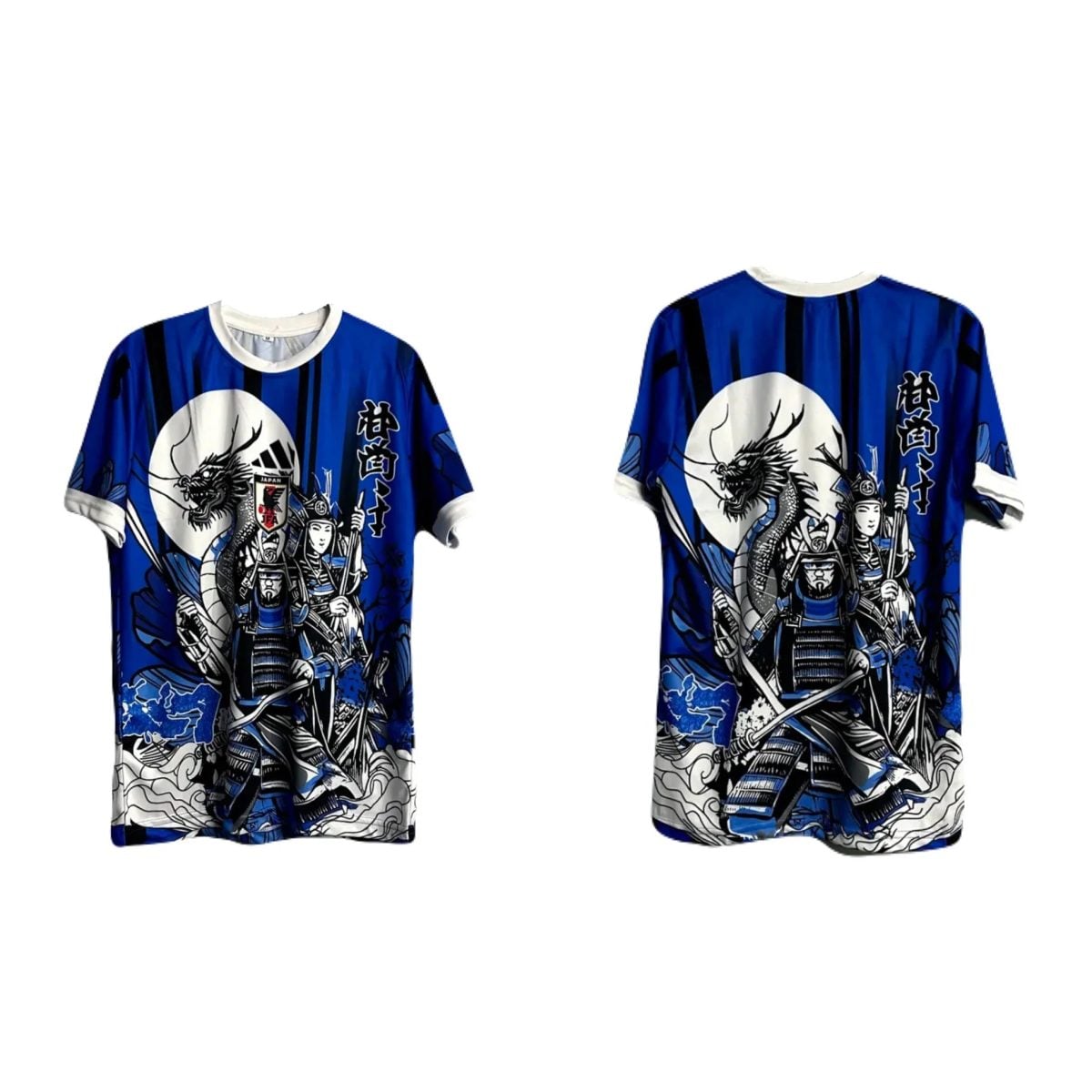 Two blue martial-arts style shirts with a dragon illustration, shown from the front (left) and back (right).