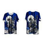 Two blue martial-arts style shirts with a dragon illustration, shown from the front (left) and back (right).