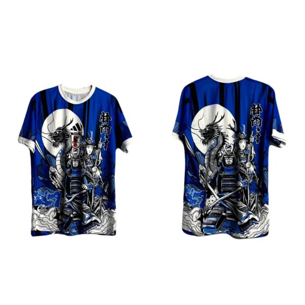 Two blue martial-arts style shirts with a dragon illustration, shown from the front (left) and back (right).