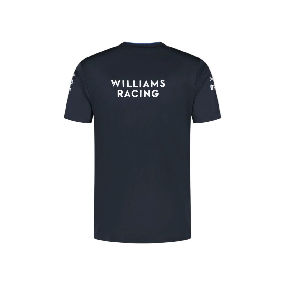 Back view of a dark navy Williams Racing T-shirt with a bold white 'WILLIAMS RACING' logo across the upper back, short sleeves visible.