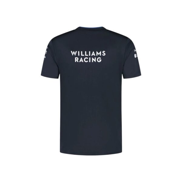Back view of a dark navy Williams Racing T-shirt with a bold white 'WILLIAMS RACING' logo across the upper back, short sleeves visible.