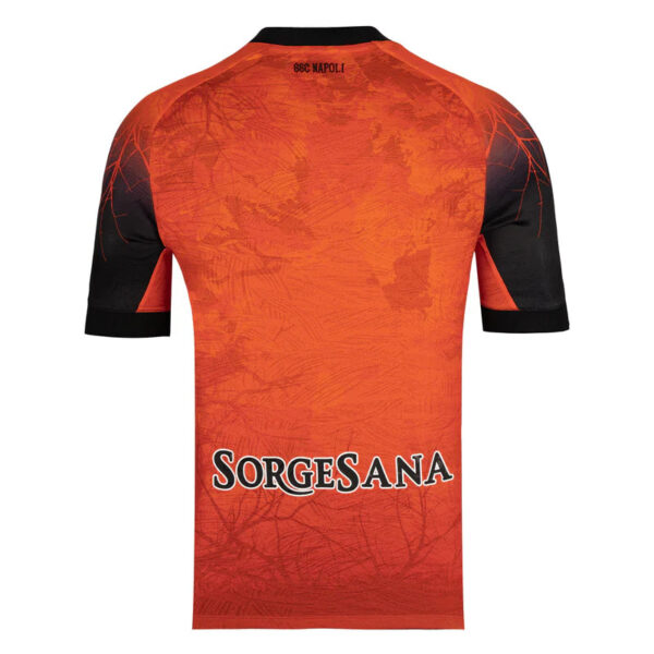 Back view of an orange soccer jersey with black sleeves and a bold 'SORGESANA' sponsor logo at the bottom center.