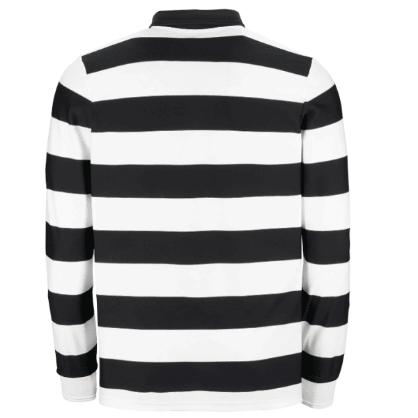 Back view of a black and white horizontal striped rugby shirt with long sleeves and a white hem edge.