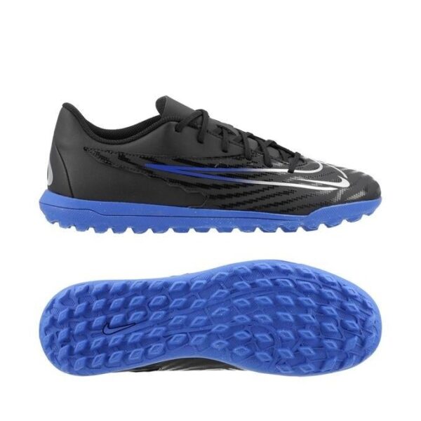 Black Nike soccer cleat with blue outsole, side view showing white swoosh and textured upper.