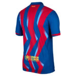 Back view of a blue polo shirt with bold red diagonal stripes and the UNHCR logo near the bottom hem