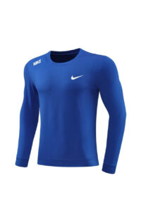 Blue Nike long-sleeve athletic shirt with white swoosh on the chest and Nike branding on the left shoulder.