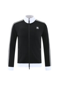 Black Adidas track jacket with white collar and cuffs, full-zip, white piping along sleeves and hem, logo on left chest
