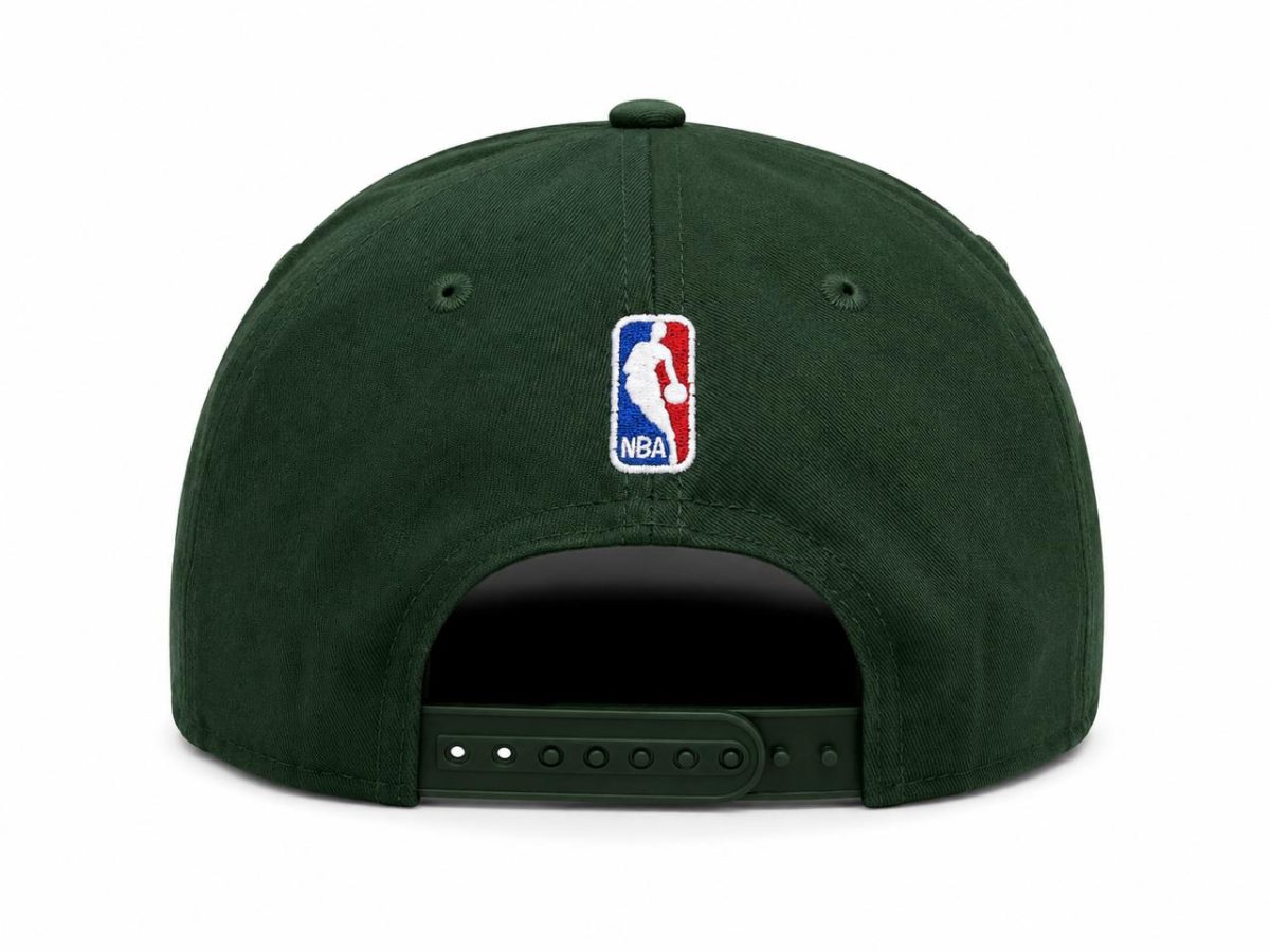 Rear view of a dark green baseball cap with an adjustable snapback and NBA logo centered on the back panel