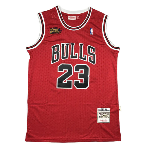 Red Chicago Bulls basketball jersey with white-and-black trim and the number 23 displayed on the front, a Michael Jordan classic style.