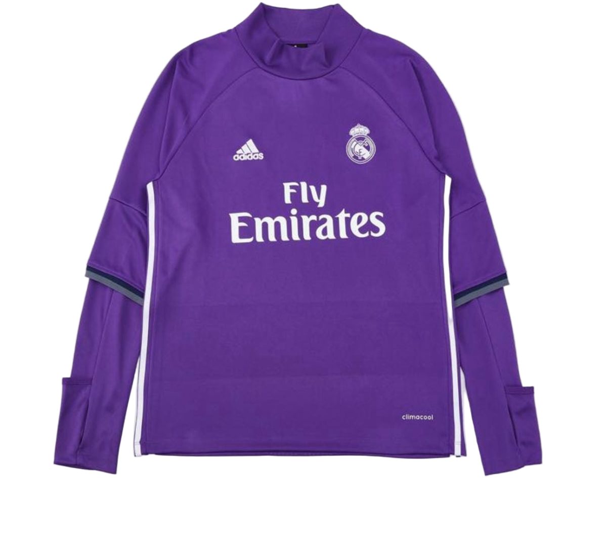 Purple Real Madrid goalkeeper jersey with Adidas logo, crest, and 'Fly Emirates' sponsor text on the front, long sleeves with cuff details