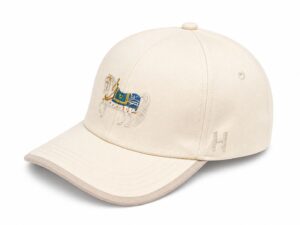 Beige baseball cap with embroidered horse and carriage design on the front panel.
