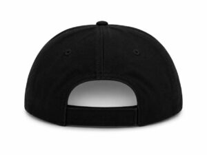 Rear view of a plain black baseball cap with an adjustable strap at the back