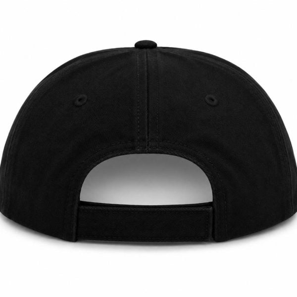 Rear view of a plain black baseball cap with an adjustable strap at the back