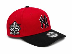 Red baseball cap with a black bill and embroidered New York Yankees logo; left-side patch commemorates a 75th anniversary (1923–1998).