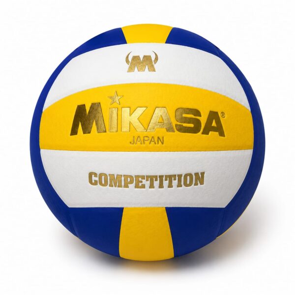 Volleyball with white, blue, and yellow panels displaying MIKASA Japan Competition branding in gold lettering