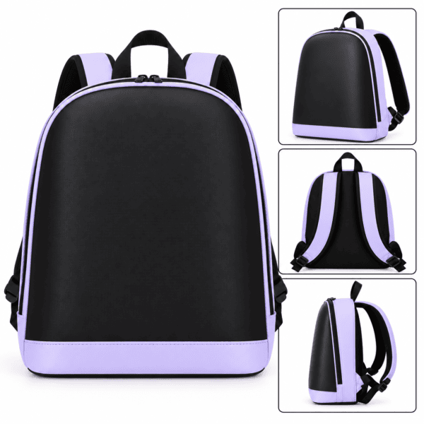 GlowBag 5X kids LED smart backpack in black and purple with multiple views.