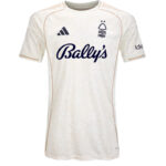 White Nottingham Forest football jersey with Bally's sponsor and Adidas logo, showcasing the club crest on the chest.