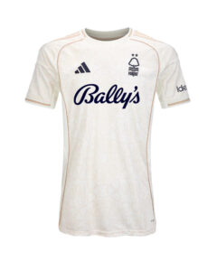 White Nottingham Forest football jersey with Bally's sponsor and Adidas logo, showcasing the club crest on the chest.