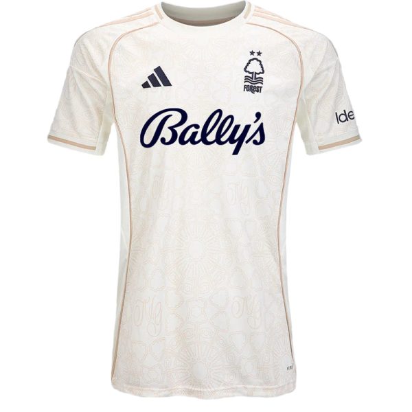 White Nottingham Forest football jersey with Bally's sponsor and Adidas logo, showcasing the club crest on the chest.