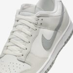 White Nike sneaker close-up showing laces, eyelets, and gray swoosh on the side panel.