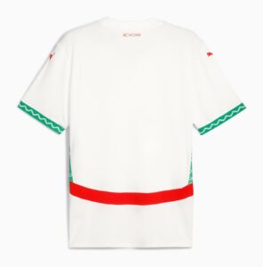 Back view of a white T-shirt with green zigzag cuffs and a wide red bottom band.