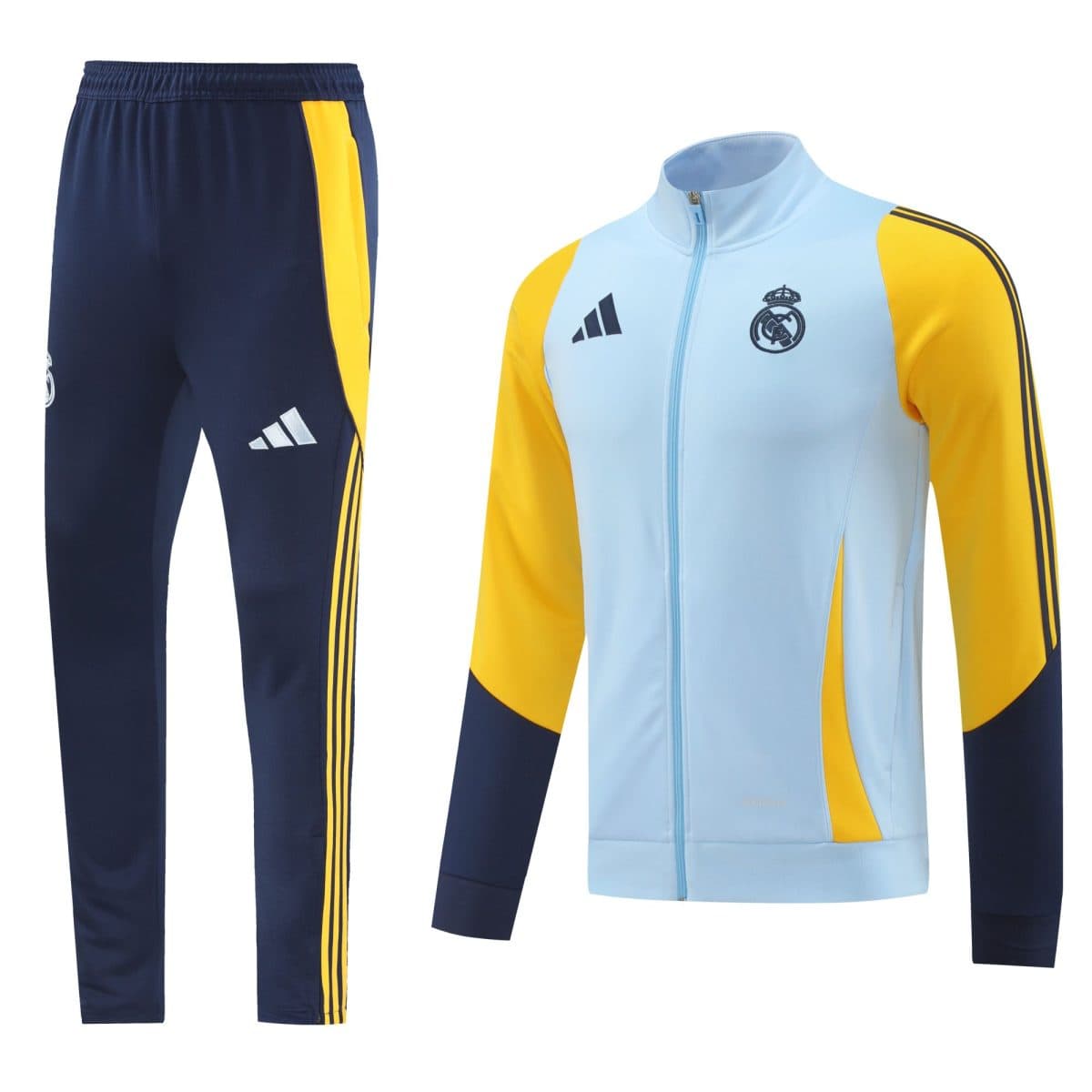 Split view of navy track pants with yellow stripes beside a light-blue Real Madrid track jacket with yellow sleeves on the right.