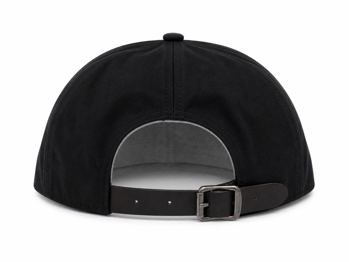 Back view of a black baseball cap with an adjustable strap and metal buckle