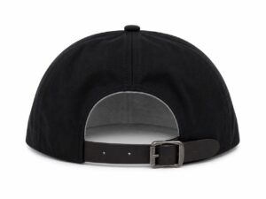 Back view of a black baseball cap with an adjustable strap and metal buckle