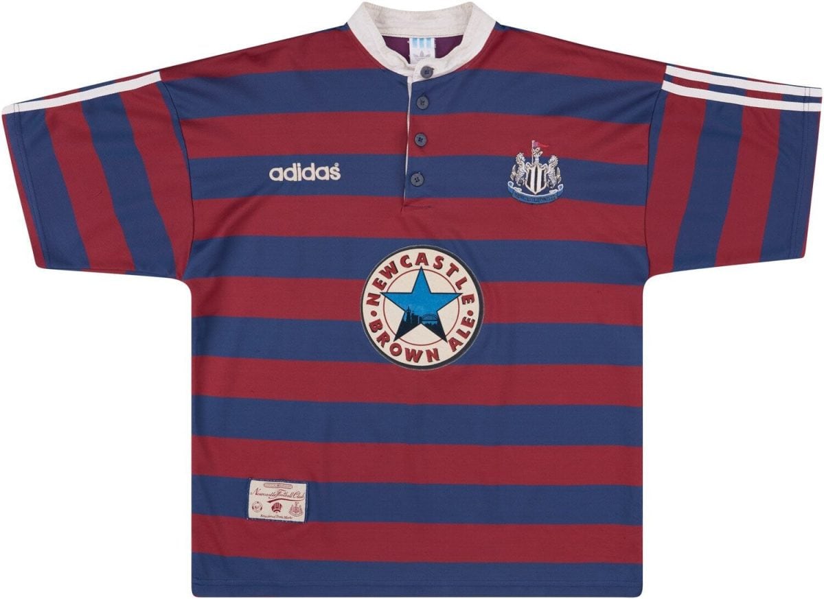 Newcastle United rugby shirt with maroon and blue horizontal stripes, Adidas logo on the left chest and club crest on the right.