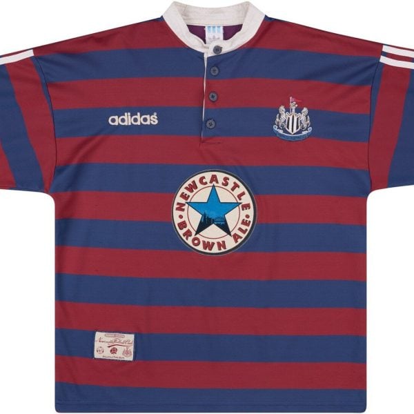 Newcastle United rugby shirt with maroon and blue horizontal stripes, Adidas logo on the left chest and club crest on the right.