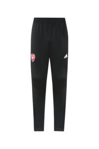 Black training pants with Arsenal crest on the left thigh and Adidas logo on the right, elastic waistband, full-length joggers.