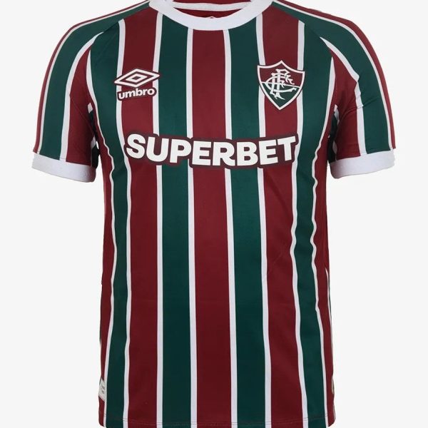 Fluminense football jersey with green, maroon and white stripes, Umbro logo and SUPERBET sponsor badge on chest