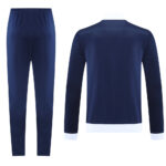 Navy blue tracksuit set with elastic waistband joggers and a matching long-sleeve top with white cuffs and hem, shown from front and back perspective.