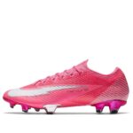 Pink Nike Mercurial soccer cleat shown in side profile with white swoosh and textured upper Cohesive design for speed.