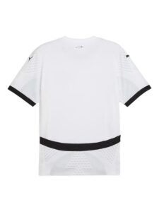 White athletic T-shirt shown from the back with black cuffs and subtle gray patterned panels on sleeves and lower back.