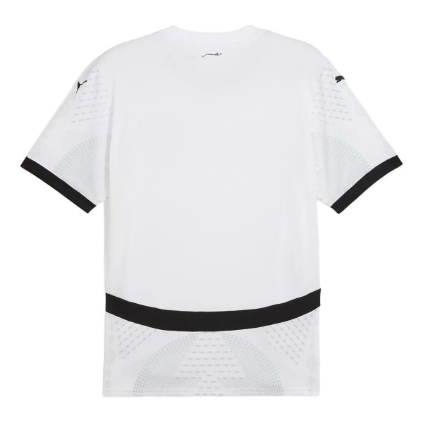 White athletic T-shirt shown from the back with black cuffs and subtle gray patterned panels on sleeves and lower back.