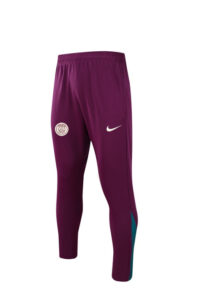 Purple athletic track pants featuring a PSG crest on the left thigh and a white Nike swoosh on the right thigh, slim-fit design with teal panel near the ankle.