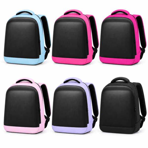 GlowBag 5X LED smart backpack in various colors including blue pink purple and black.