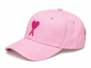Pink baseball cap with a pink embroidered heart and ribbon on the front panel.