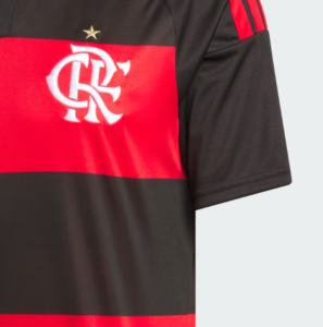 333333_c04c0cdf-8a02-4a28-95fe-05a9018395ca | UAE SPORT STORE Close-up of a Flamengo soccer jersey with red and black horizontal stripes, white crest, and a small gold star above the crest.