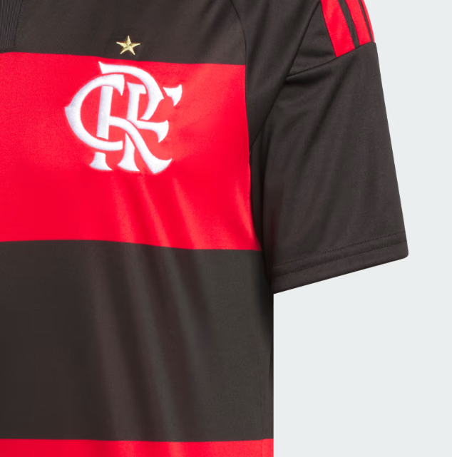 333333_c04c0cdf-8a02-4a28-95fe-05a9018395ca | UAE SPORT STORE Close-up of a Flamengo soccer jersey with red and black horizontal stripes, white crest, and a small gold star above the crest.