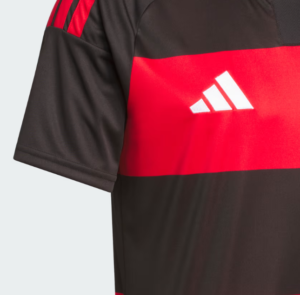33333_4b85d11e-a703-4717-8c47-e357984d6c82 | UAE SPORT STORE Close-up of a black and red athletic jersey with a white Adidas logo on a red chest stripe and short sleeve edge.
