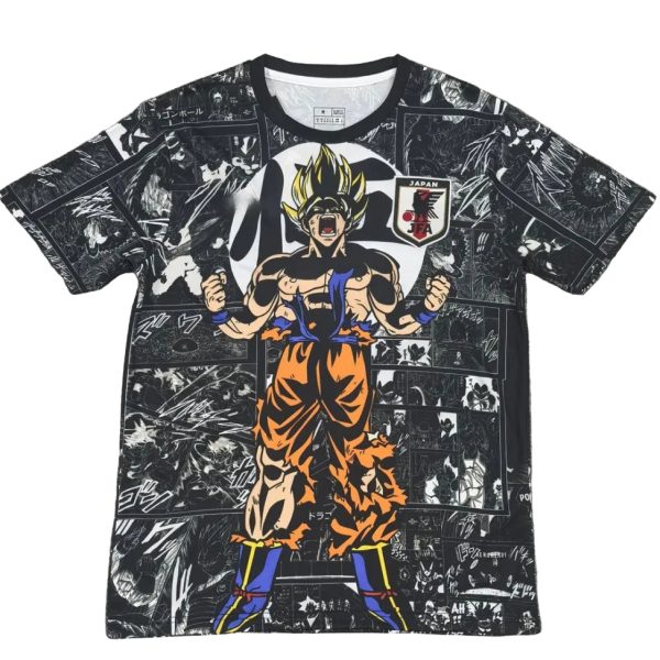 T‑shirt featuring Dragon Ball Z character Goku in Super Saiyan form against a black-and-white manga panel background on a dark tee