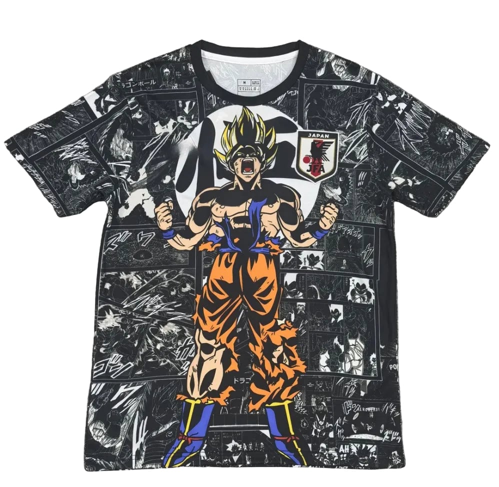 333D1B04-2290-4F0D-A869-1A164D4918FB | UAE SPORT STORE T‑shirt featuring Dragon Ball Z character Goku in Super Saiyan form against a black-and-white manga panel background on a dark tee