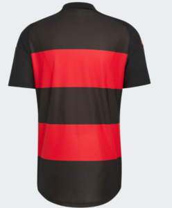 333_51993b29-f409-484e-84a0-385ac4949da4 | UAE SPORT STORE Back view of a short-sleeve sports jersey with wide black and red horizontal stripes and a rounded hem.