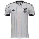 Japan national team white soccer jersey with multicolored vertical stripes, Adidas logo on the left chest and the Japan crest on the right chest.