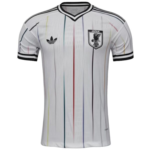 Japan national team white soccer jersey with multicolored vertical stripes, Adidas logo on the left chest and the Japan crest on the right chest.