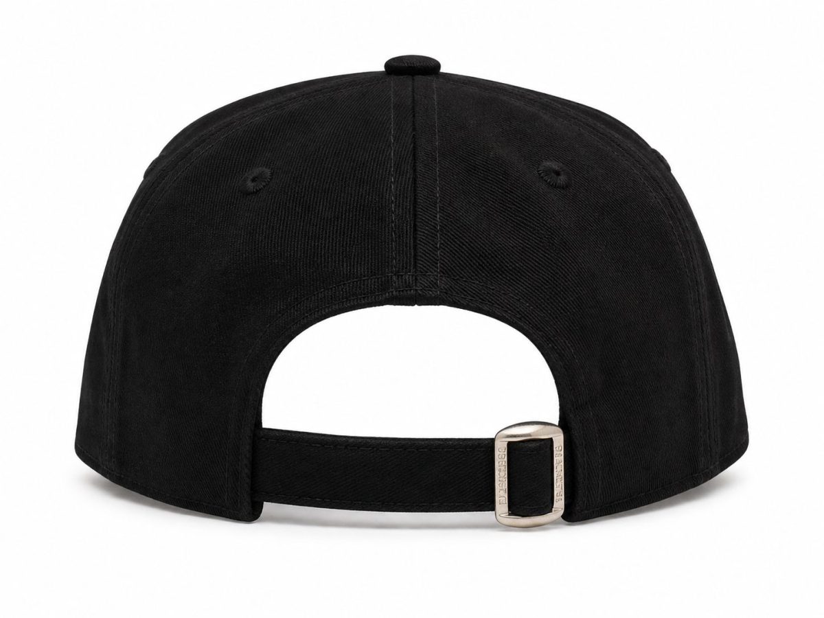 Back view of a black baseball cap with an adjustable strap and metal buckle rocker-style closure